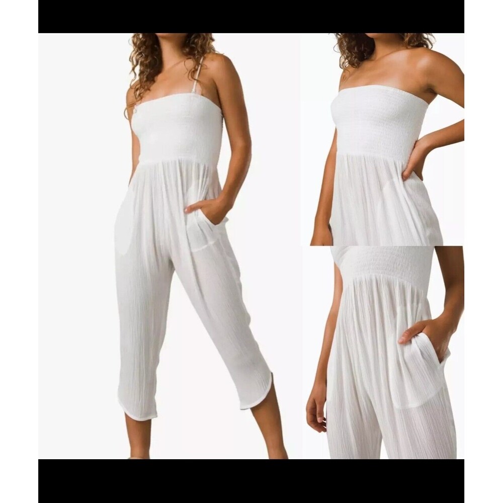 Prana Fernie Jumpsuit Womens M White Lightweight Smocked Crinkle Texture -READ